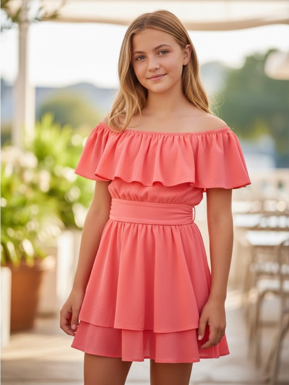 Girls Coral Off-Shoulder Ruffle Layered Dress